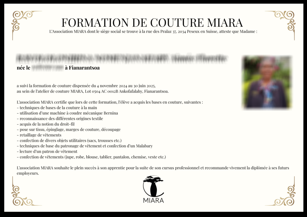 Certificat de formation de couture